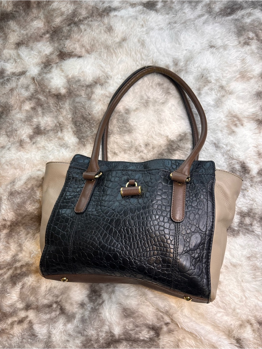 Tignanello Black Croc-Embossed and Beige Two-Tone Satchel with Brown Handles